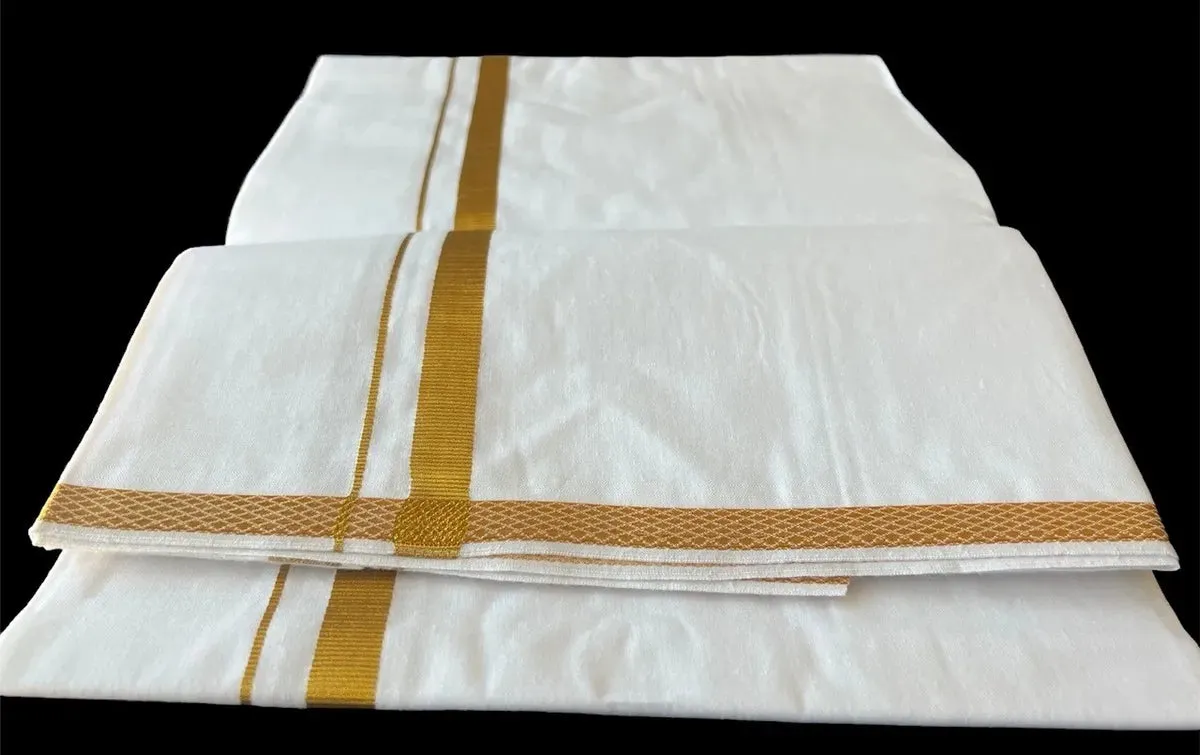 100% Premium Cotton Dhoti With Gold Zari Border - Men's Traditional White Cotton