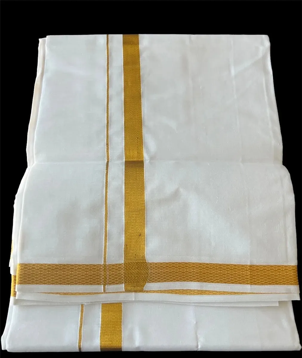 100% Premium Cotton Dhoti With Gold Zari Border - Men's Traditional White Cotton