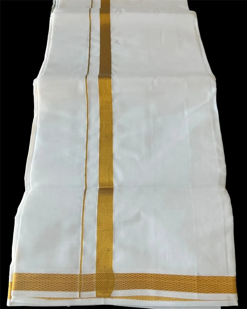 100% Premium Cotton Dhoti With Gold Zari Border - Men's Traditional White Cotton