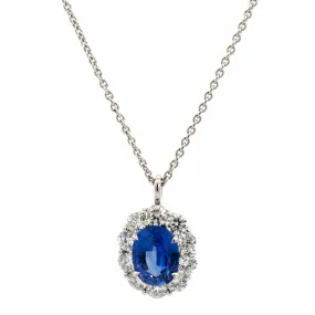 18K White Gold Blue Sapphire and Diamond Pendant Necklace