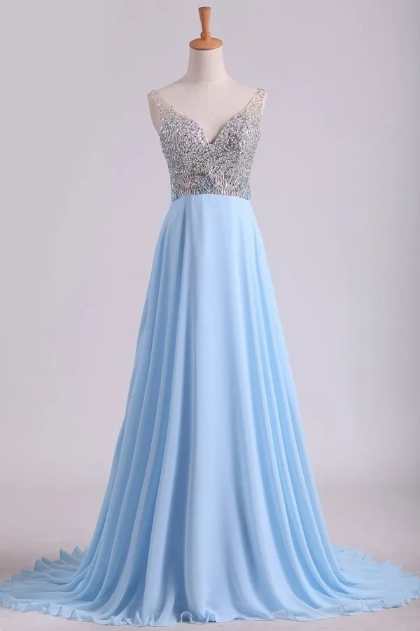 2024 Prom Dresses V Neck Beaded Bodice Sweep Train Chiffon PM4ZAA1R