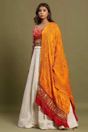 30Z233-RO Orange White Silk Lehenga Set With Bandhej Print