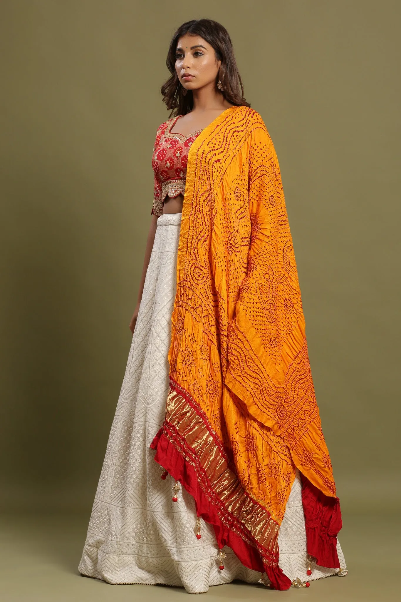 30Z233-RO Orange White Silk Lehenga Set With Bandhej Print