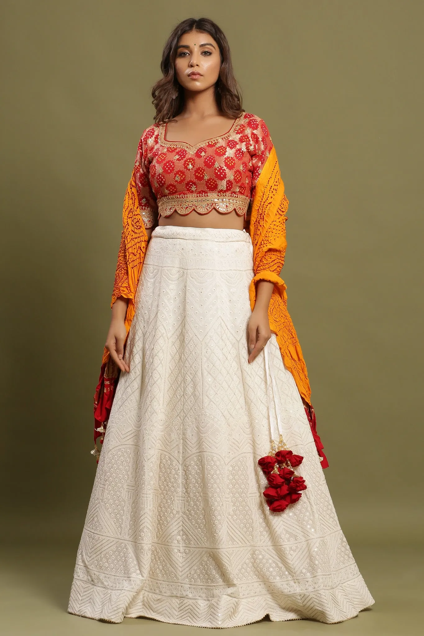 30Z233-RO Orange White Silk Lehenga Set With Bandhej Print