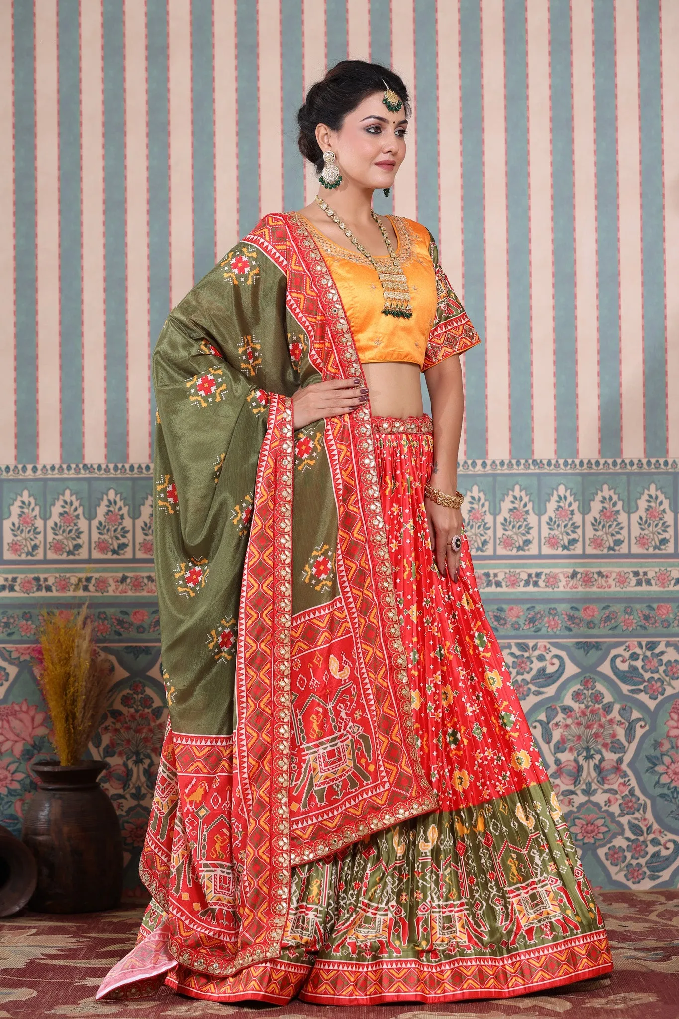 30Z248-RO Red Lehenga Multicolor Bandhej Print Set & Green Dupatta