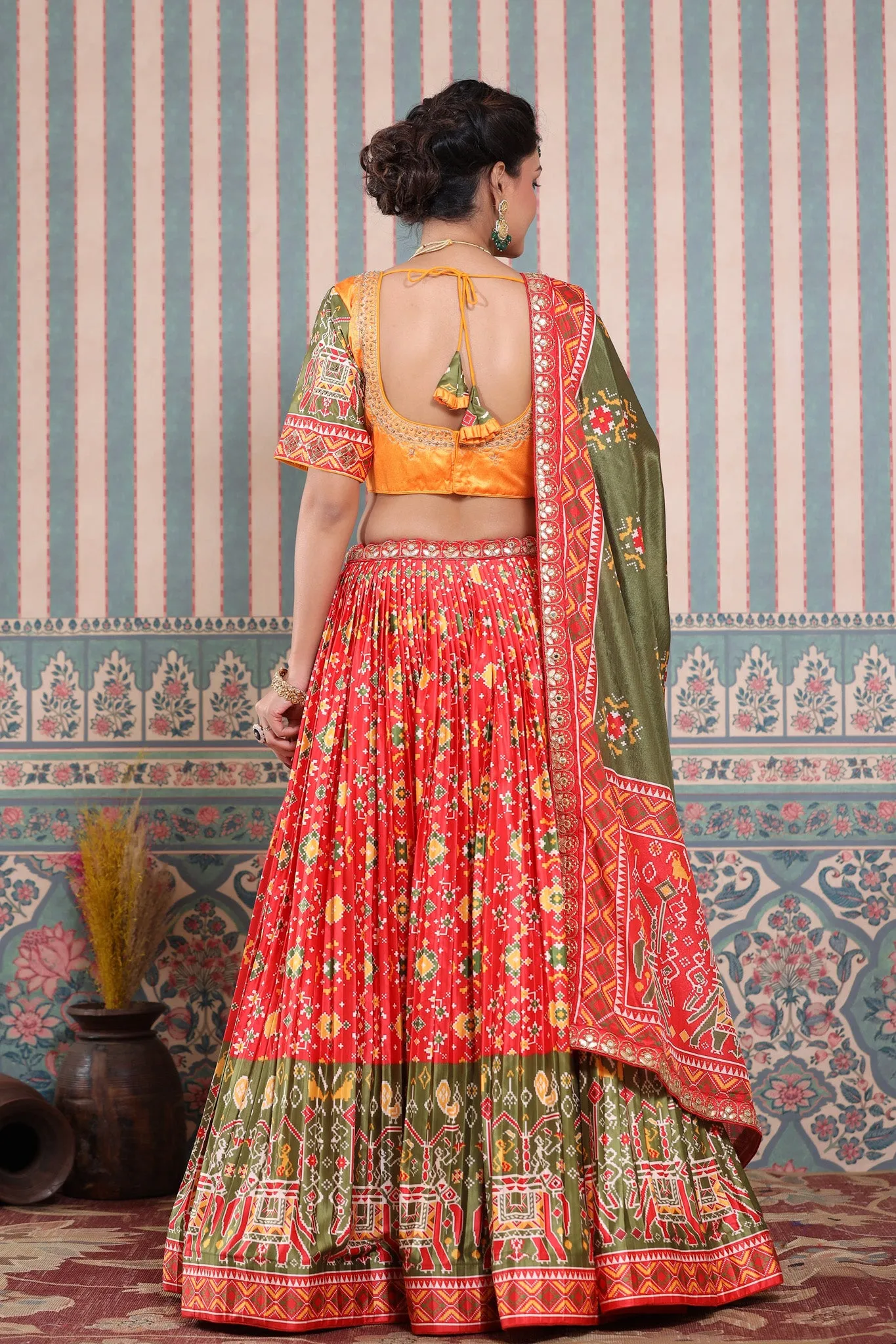 30Z248-RO Red Lehenga Multicolor Bandhej Print Set & Green Dupatta