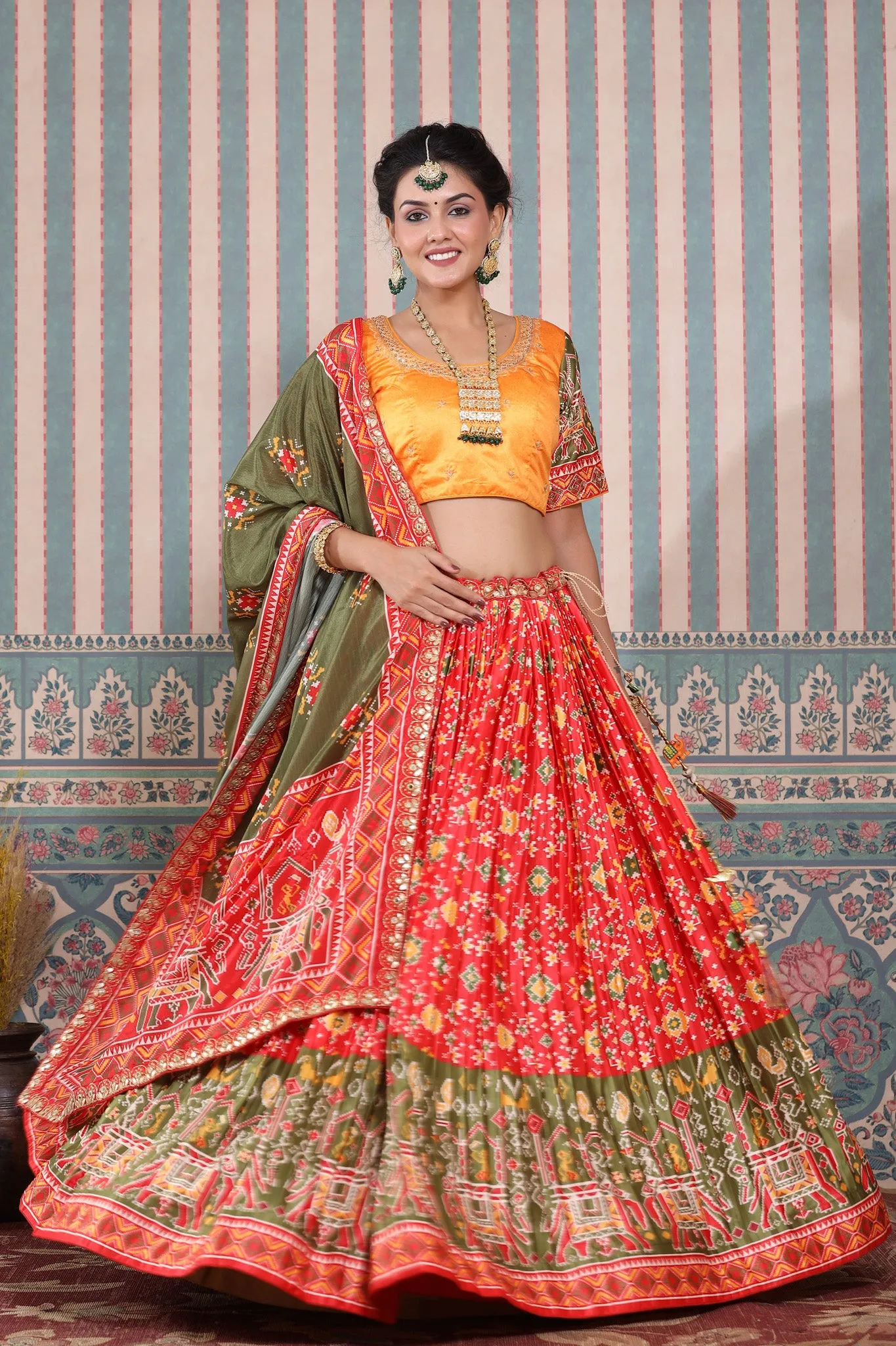 30Z248-RO Red Lehenga Multicolor Bandhej Print Set & Green Dupatta