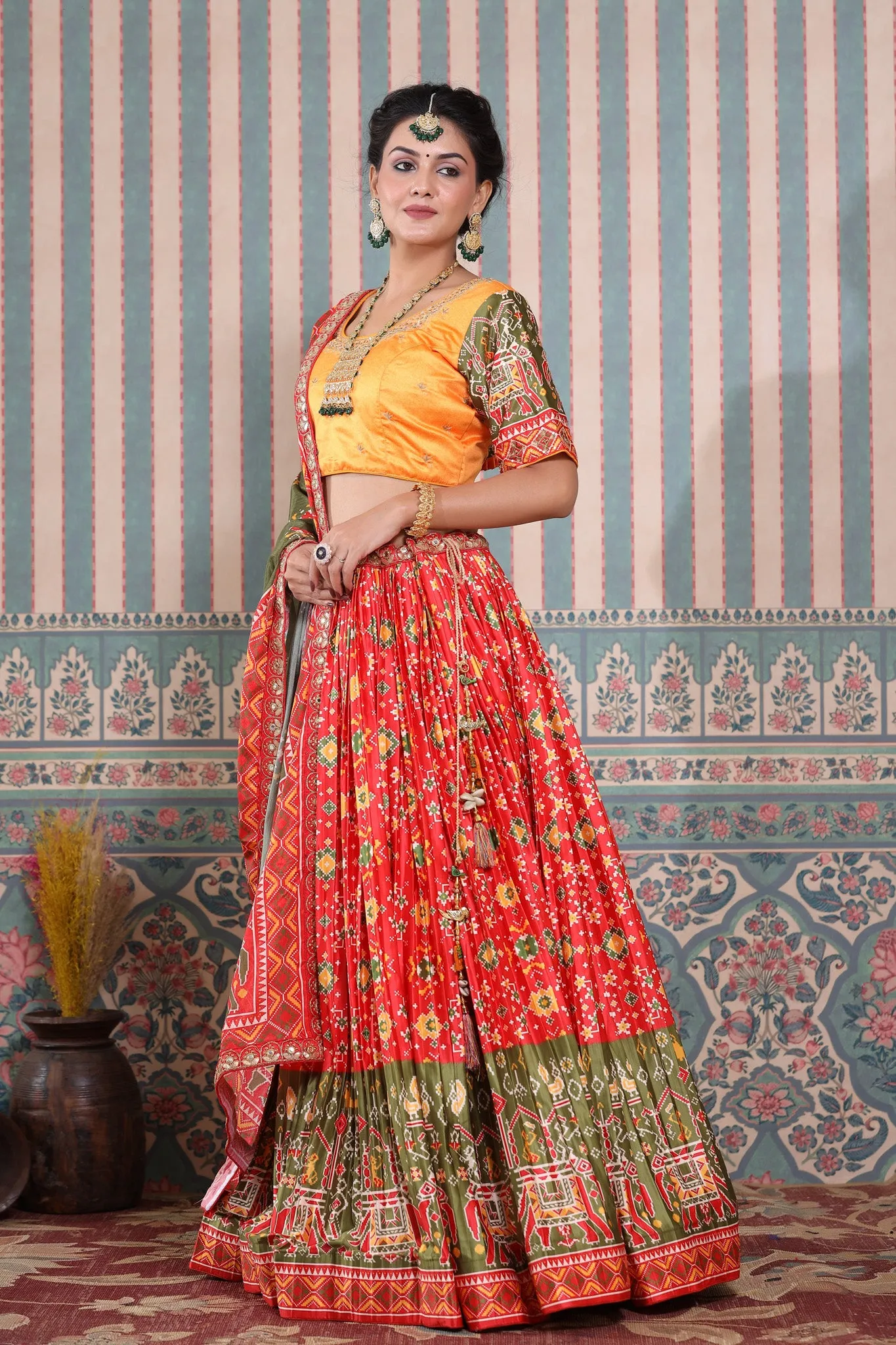 30Z248-RO Red Lehenga Multicolor Bandhej Print Set & Green Dupatta