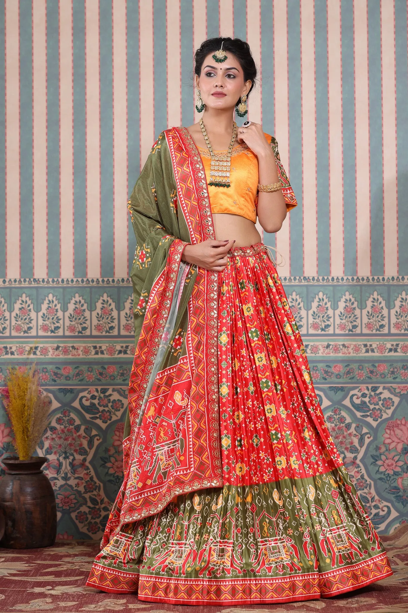 30Z248-RO Red Lehenga Multicolor Bandhej Print Set & Green Dupatta