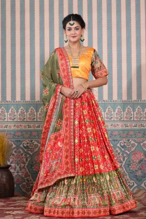 30Z248-RO Red Lehenga Multicolor Bandhej Print Set & Green Dupatta