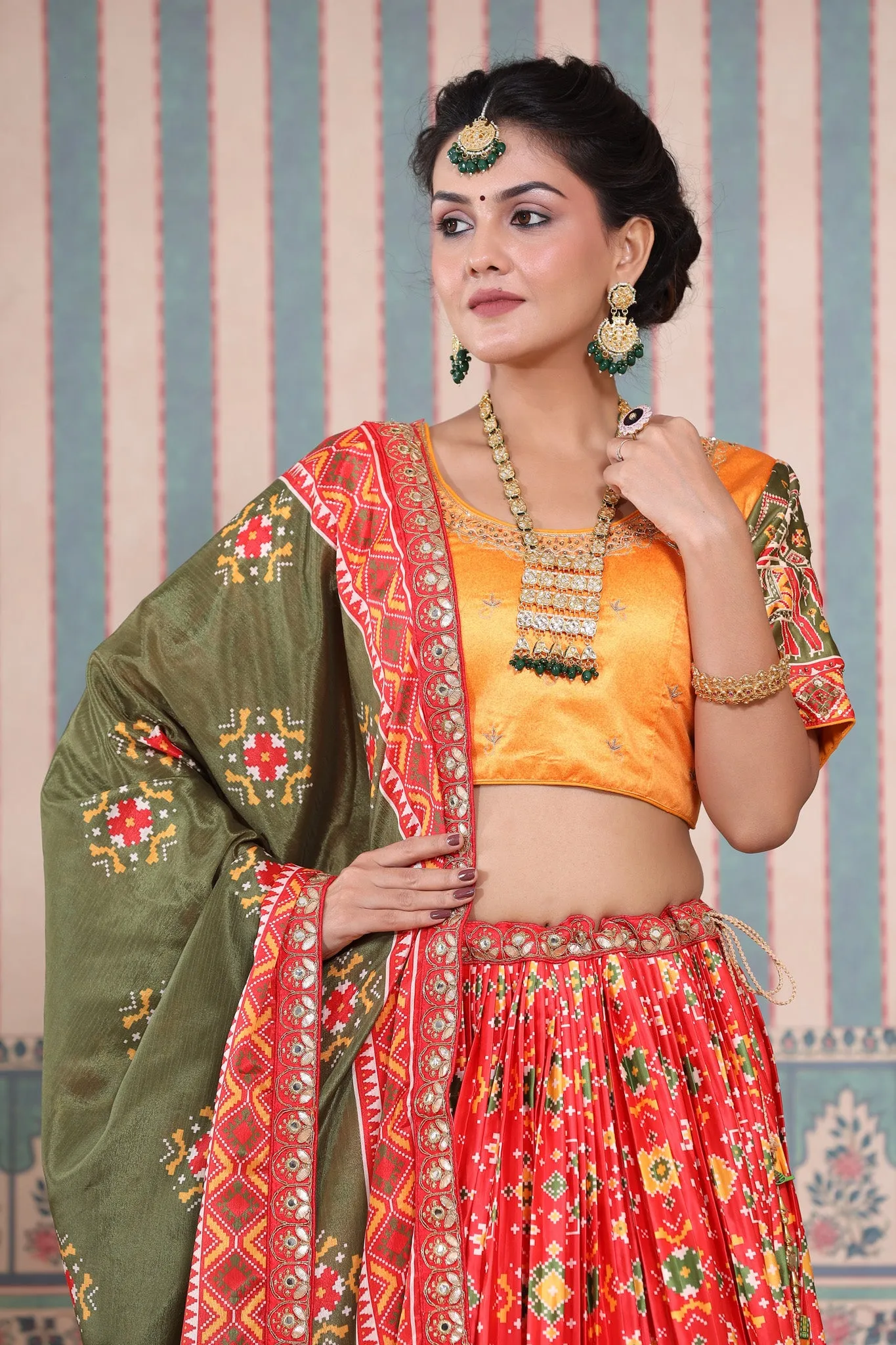 30Z248-RO Red Lehenga Multicolor Bandhej Print Set & Green Dupatta