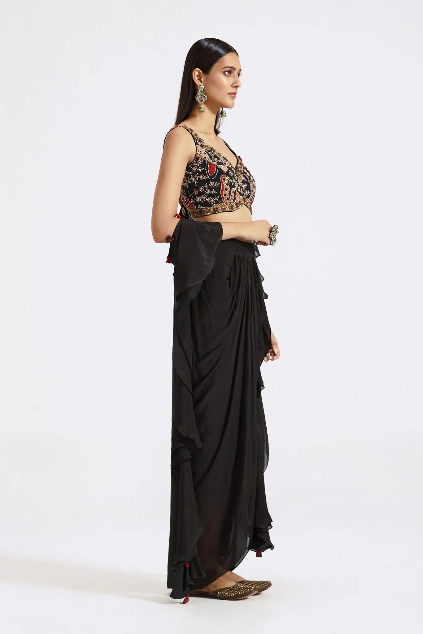 30Z369-RO Black Chinon Draped Skirt Set