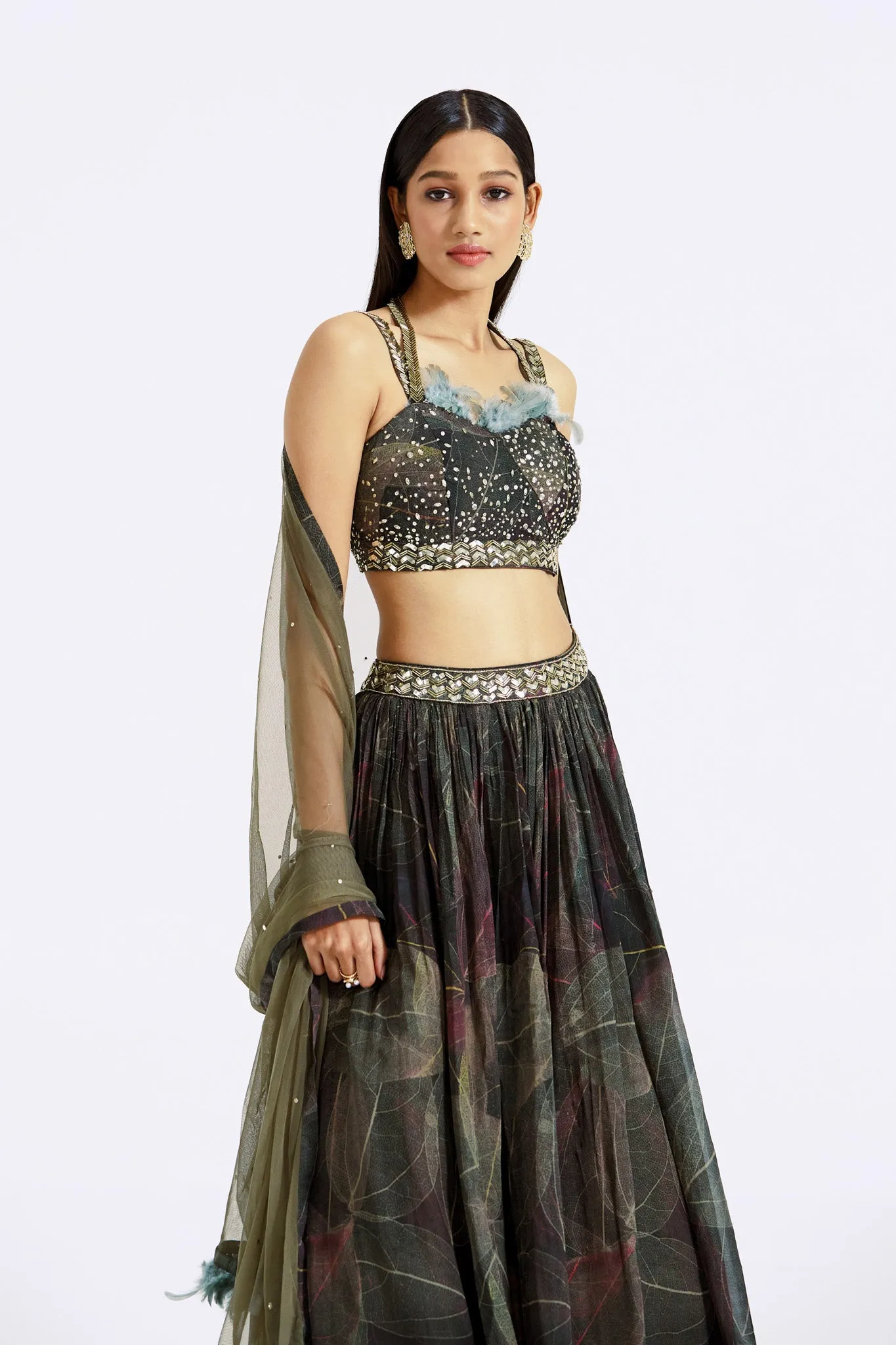 30Z374-RO Green Embroidered Organza Lehenga with Attached Dupatta