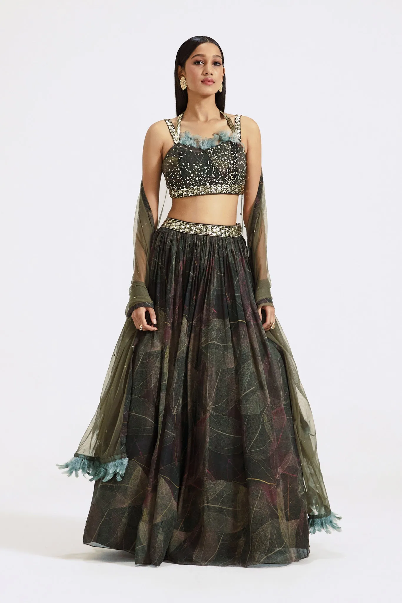 30Z374-RO Green Embroidered Organza Lehenga with Attached Dupatta