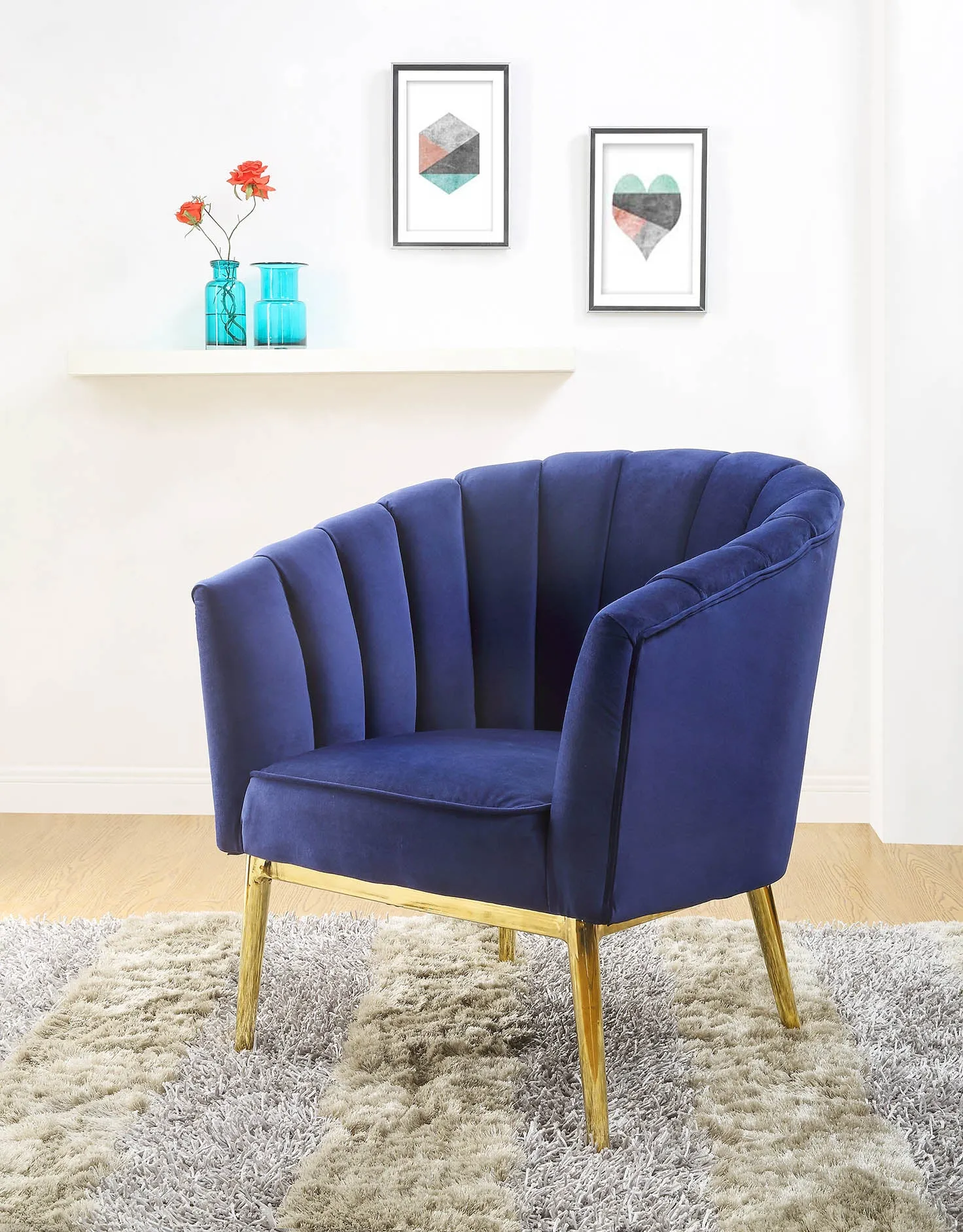 32 Blue And Copper Velvet Tufted Barrel Chair