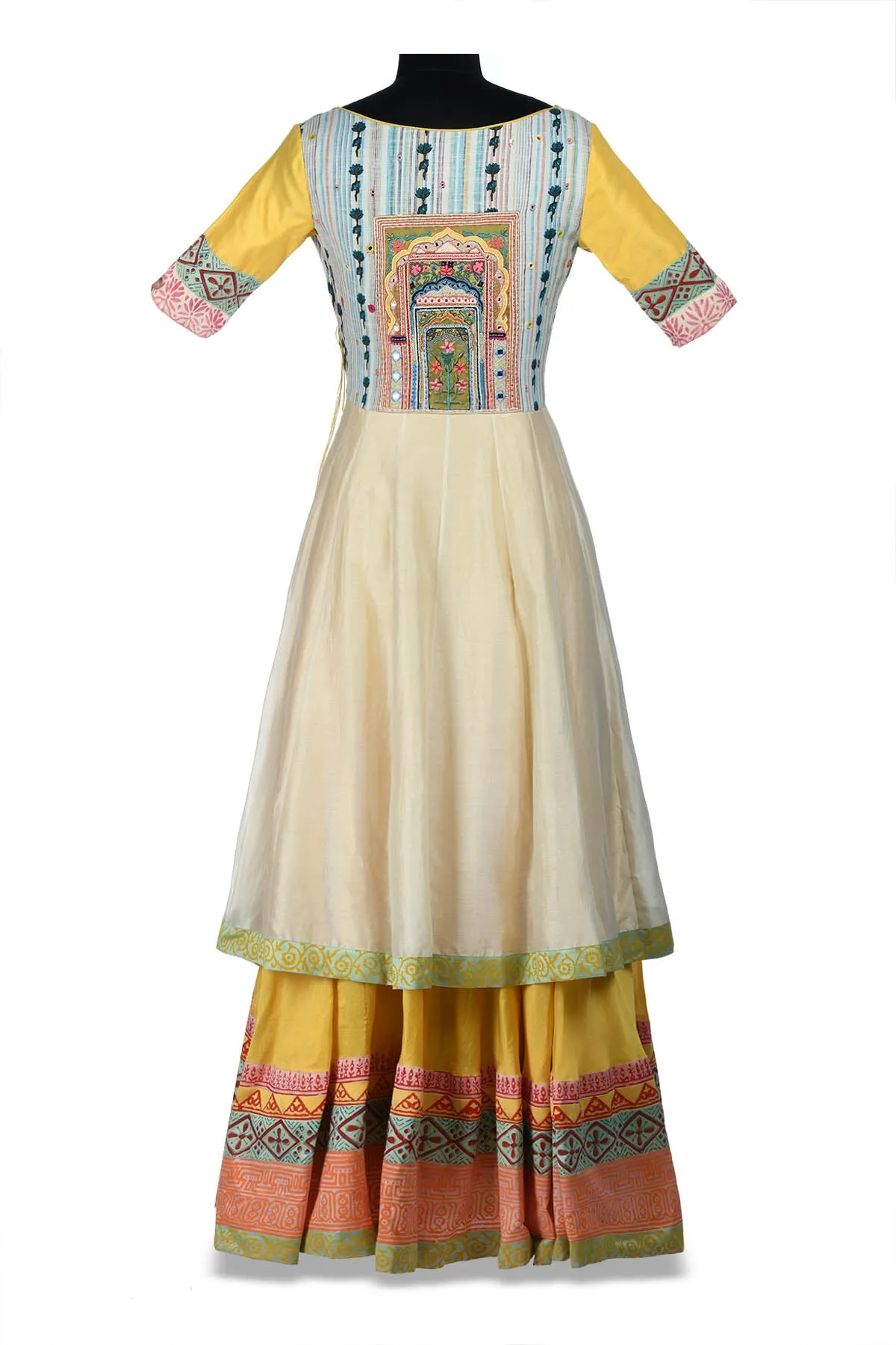 50Z177-RO Ivory and Printed Layered Anarkali with Embroidery