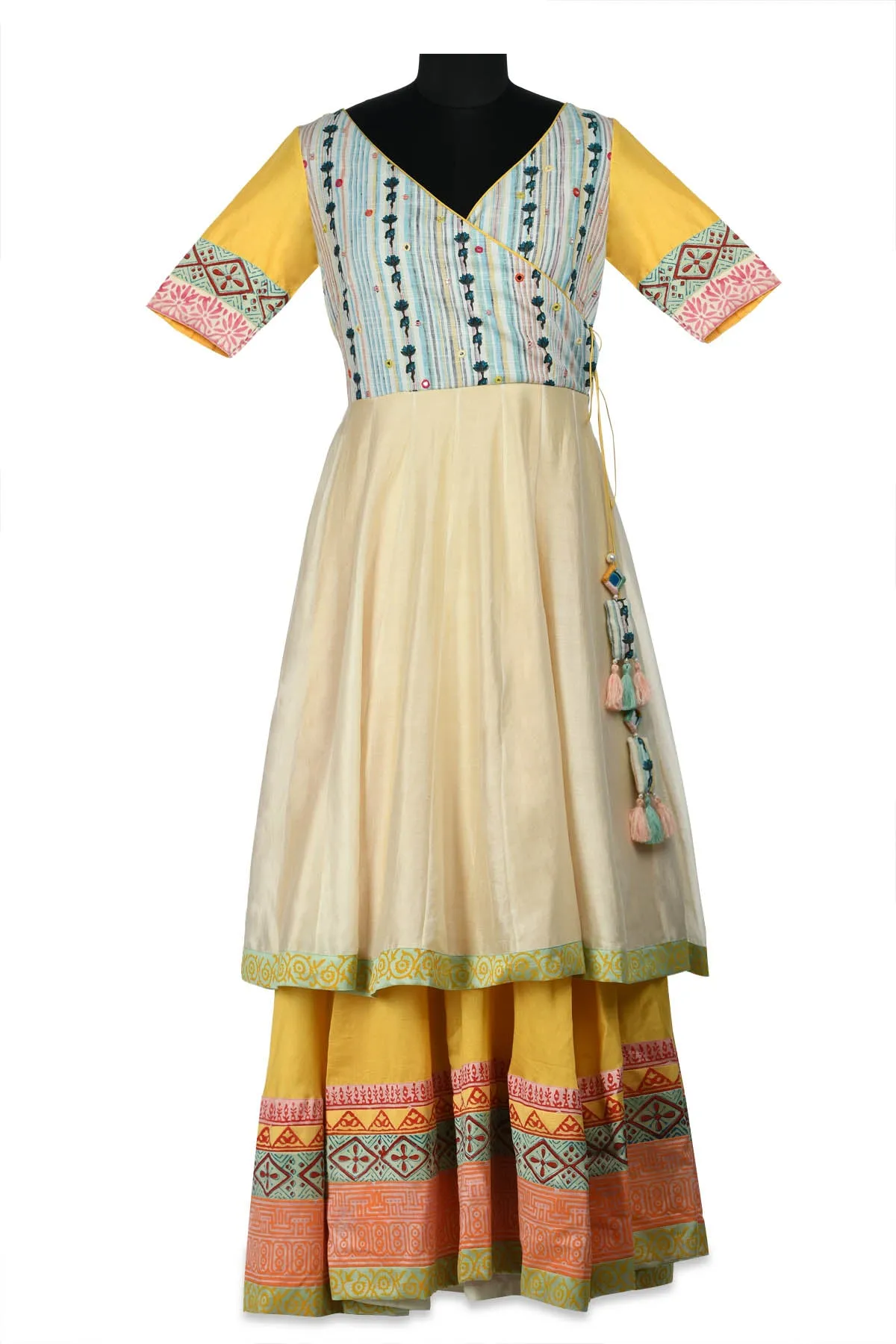 50Z177-RO Ivory and Printed Layered Anarkali with Embroidery