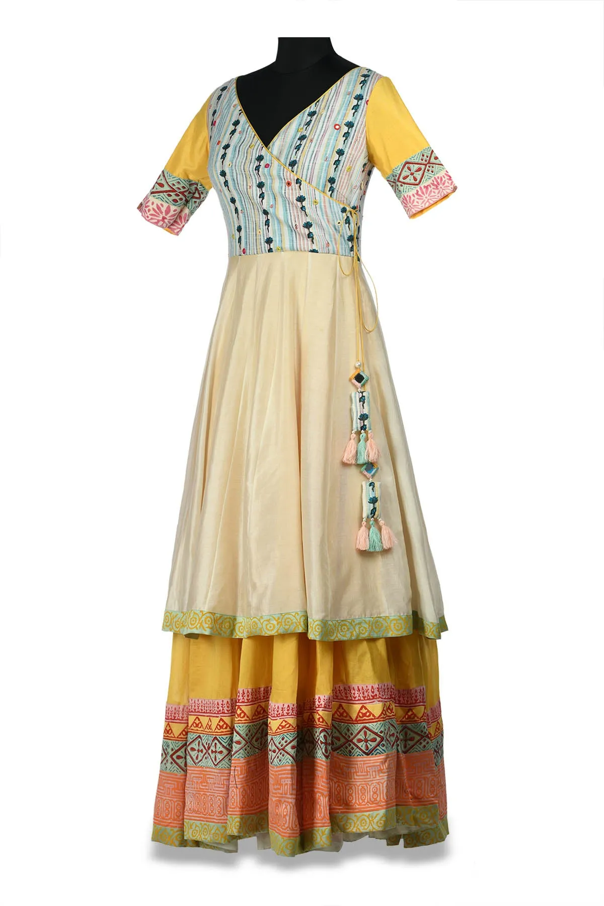 50Z177-RO Ivory and Printed Layered Anarkali with Embroidery