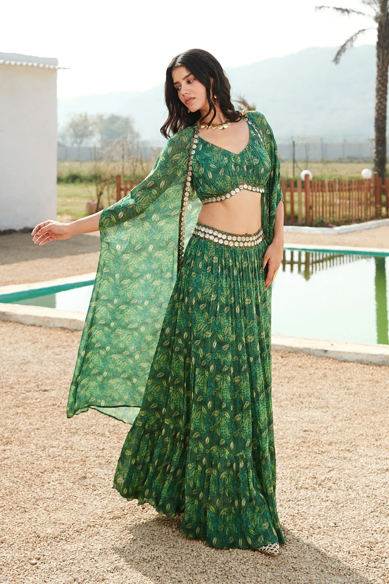 50Z890-RO Green Printed Skirt Set With Cape