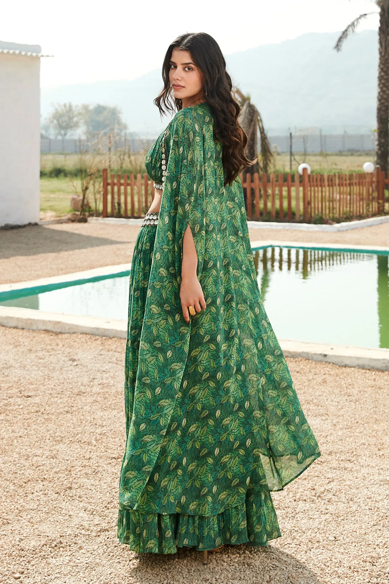 50Z890-RO Green Printed Skirt Set With Cape