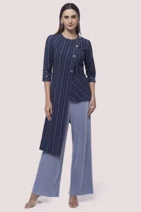 50Z948-RO Navy Blue Printed Linen Lycra Pant Set