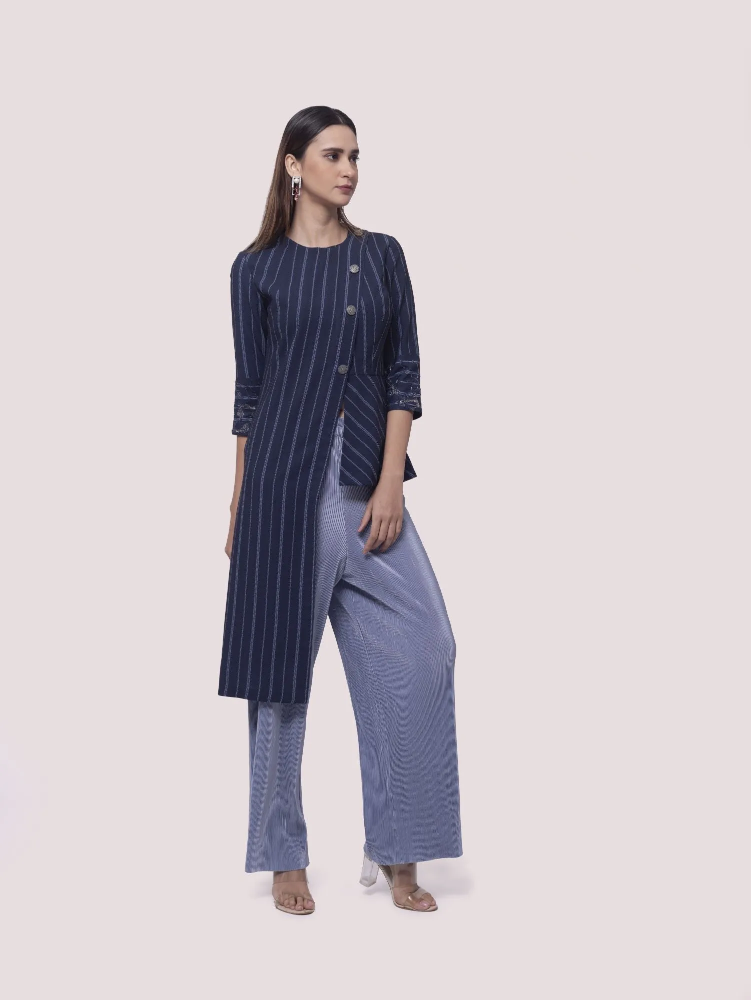 50Z948-RO Navy Blue Printed Linen Lycra Pant Set