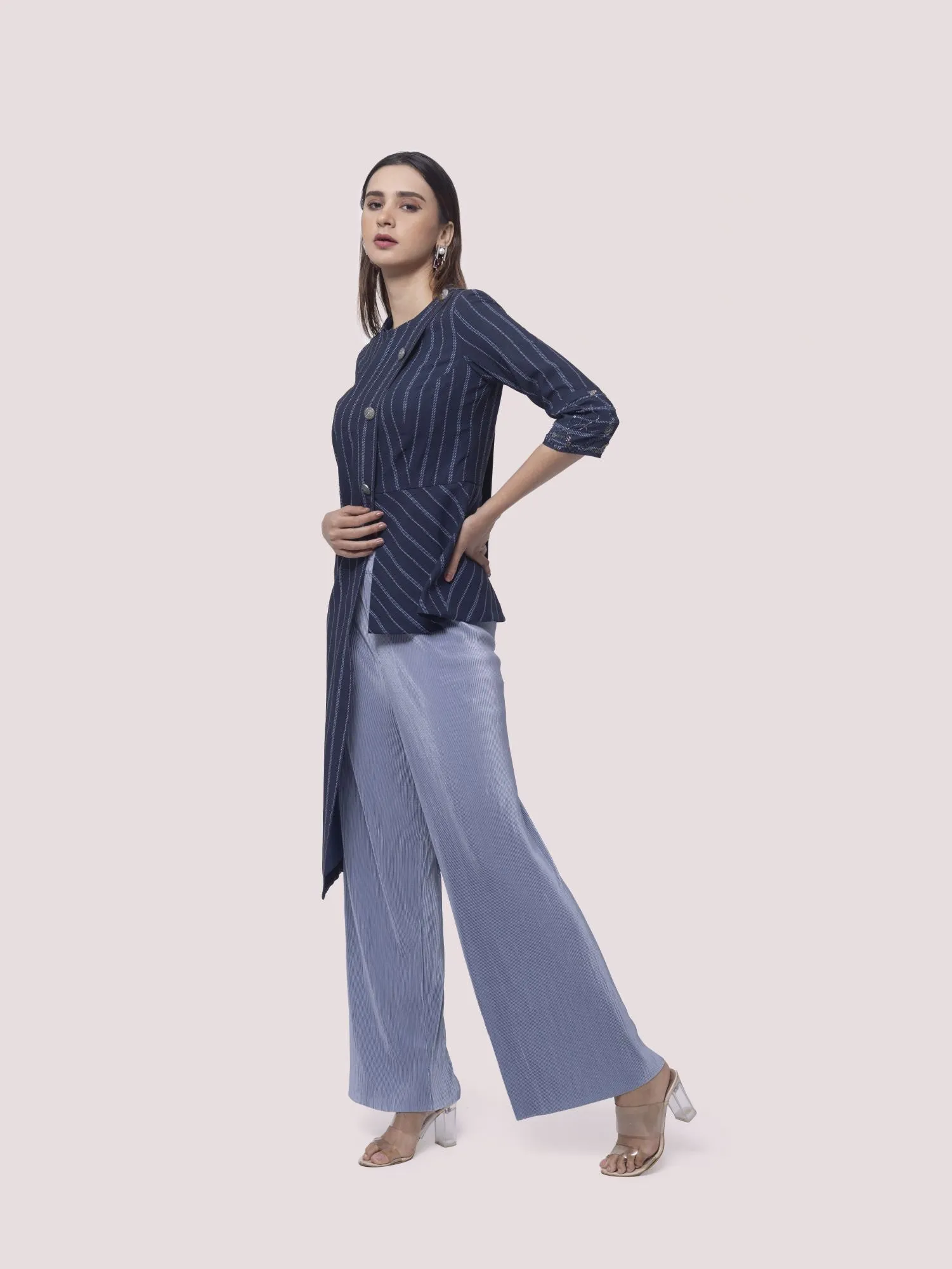 50Z948-RO Navy Blue Printed Linen Lycra Pant Set