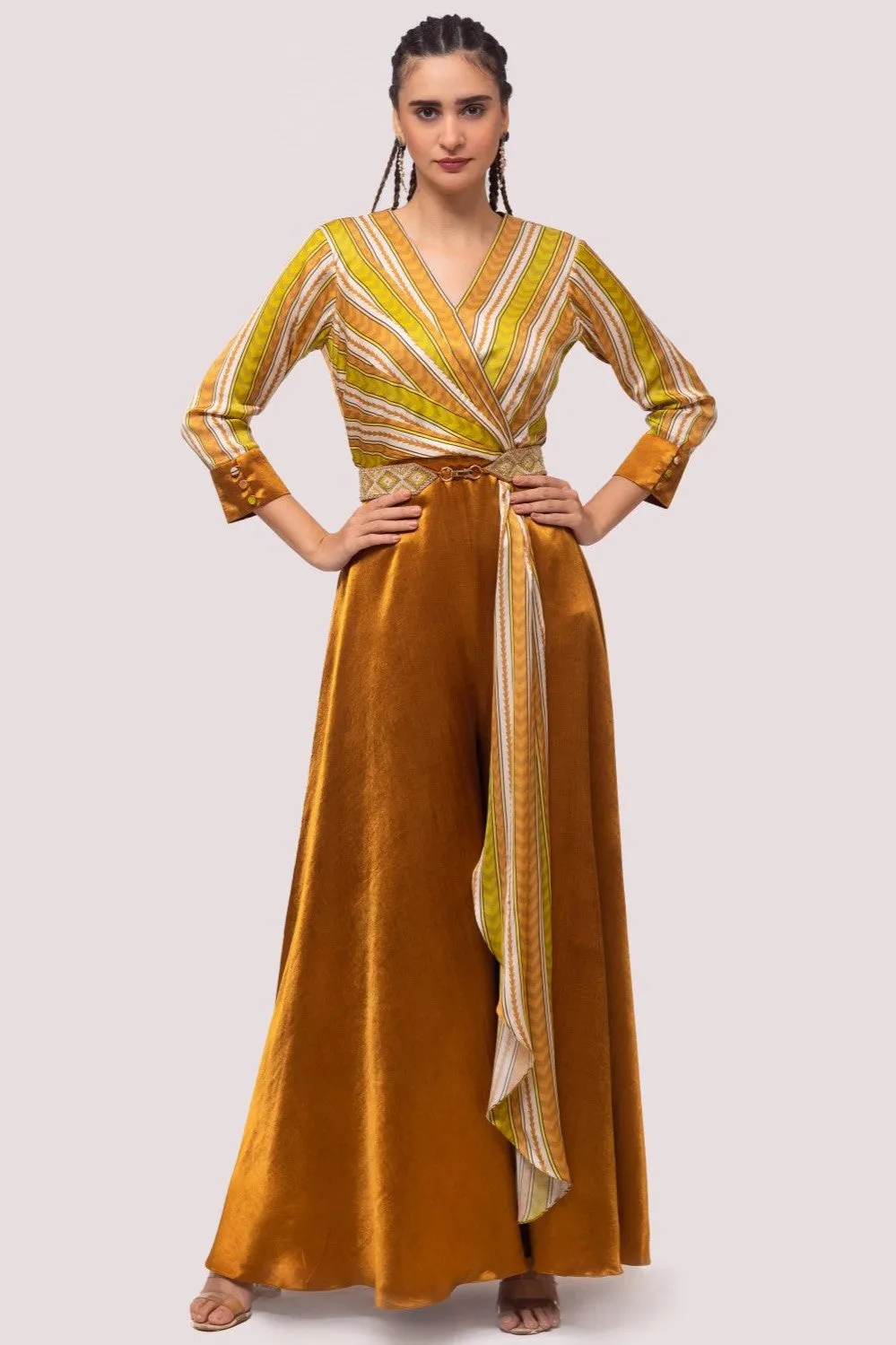 50Z962-RO Brown and Mustard Striped Satin Silk Jumpsuit