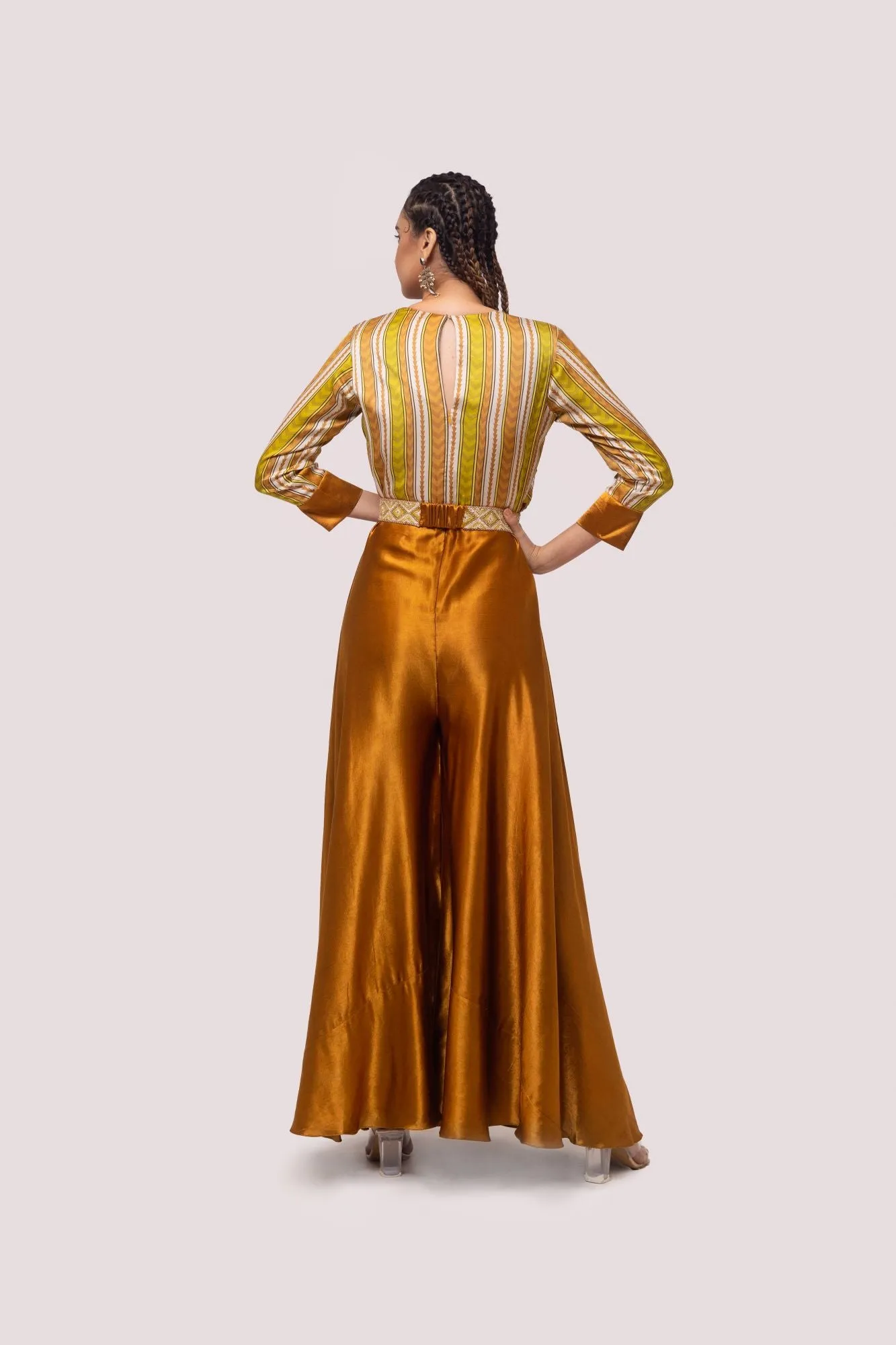 50Z962-RO Brown and Mustard Striped Satin Silk Jumpsuit