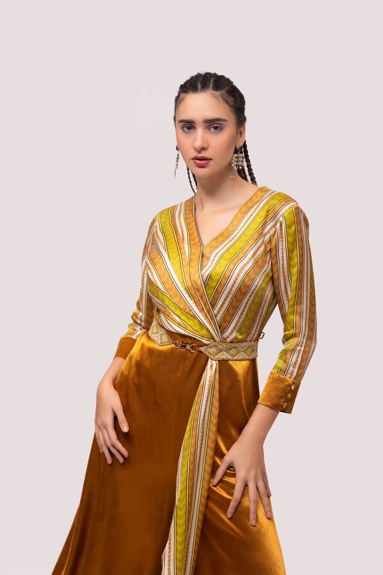 50Z962-RO Brown and Mustard Striped Satin Silk Jumpsuit