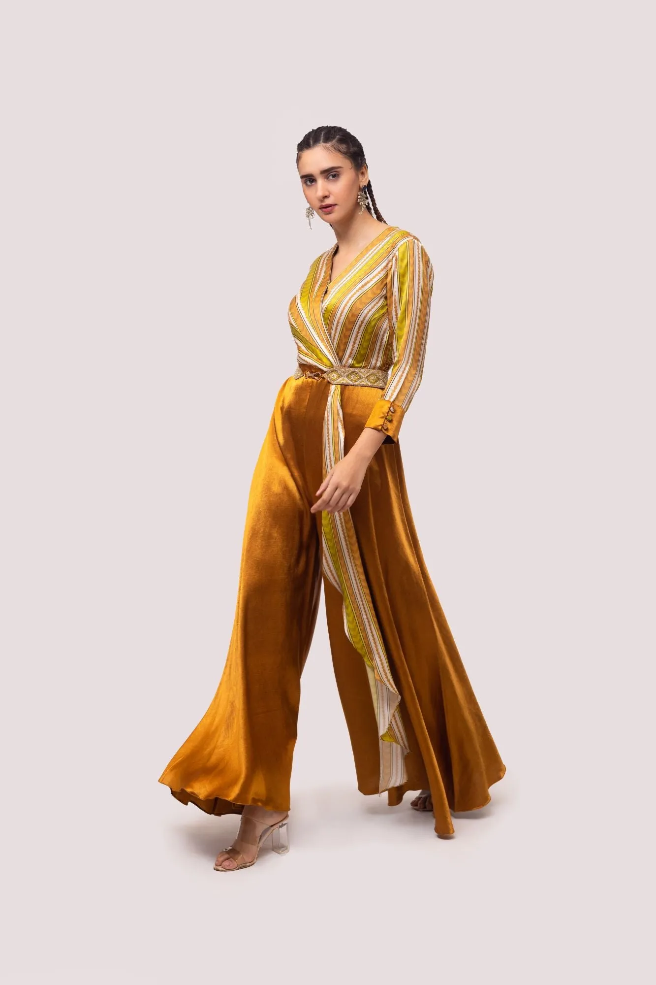 50Z962-RO Brown and Mustard Striped Satin Silk Jumpsuit