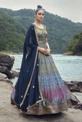 510004-RO Green- Blue Georgette Anarkali Suit with Dupatta