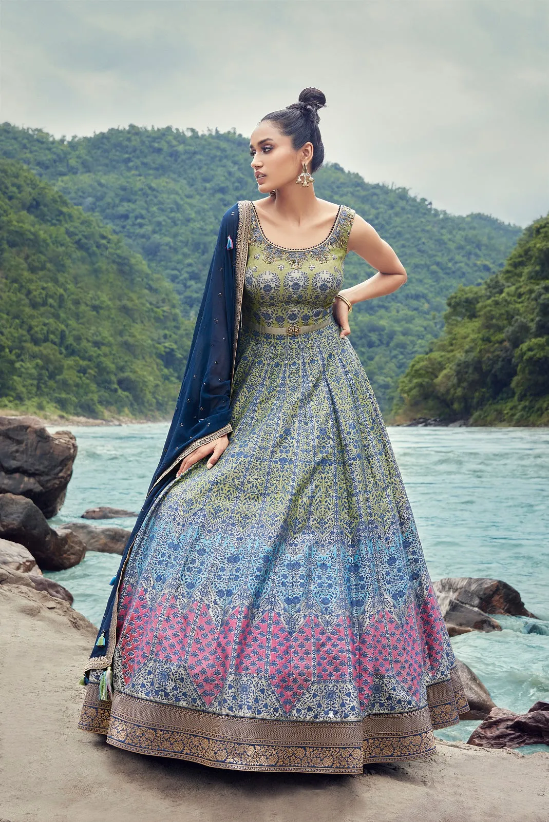 510004-RO Green- Blue Georgette Anarkali Suit with Dupatta