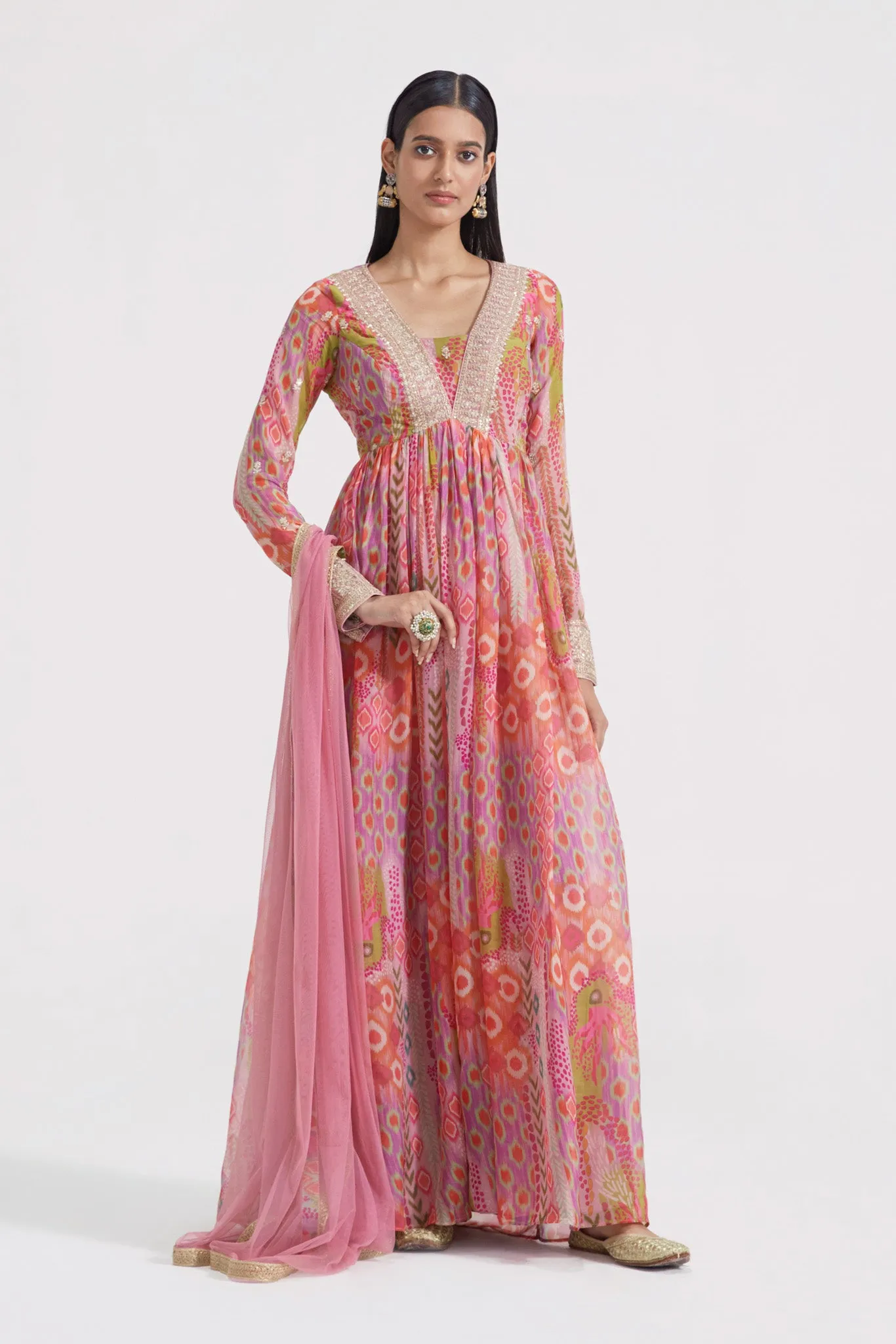 51Z045-RO Multicolor Printed Embroidered Organza Anarkali Suit