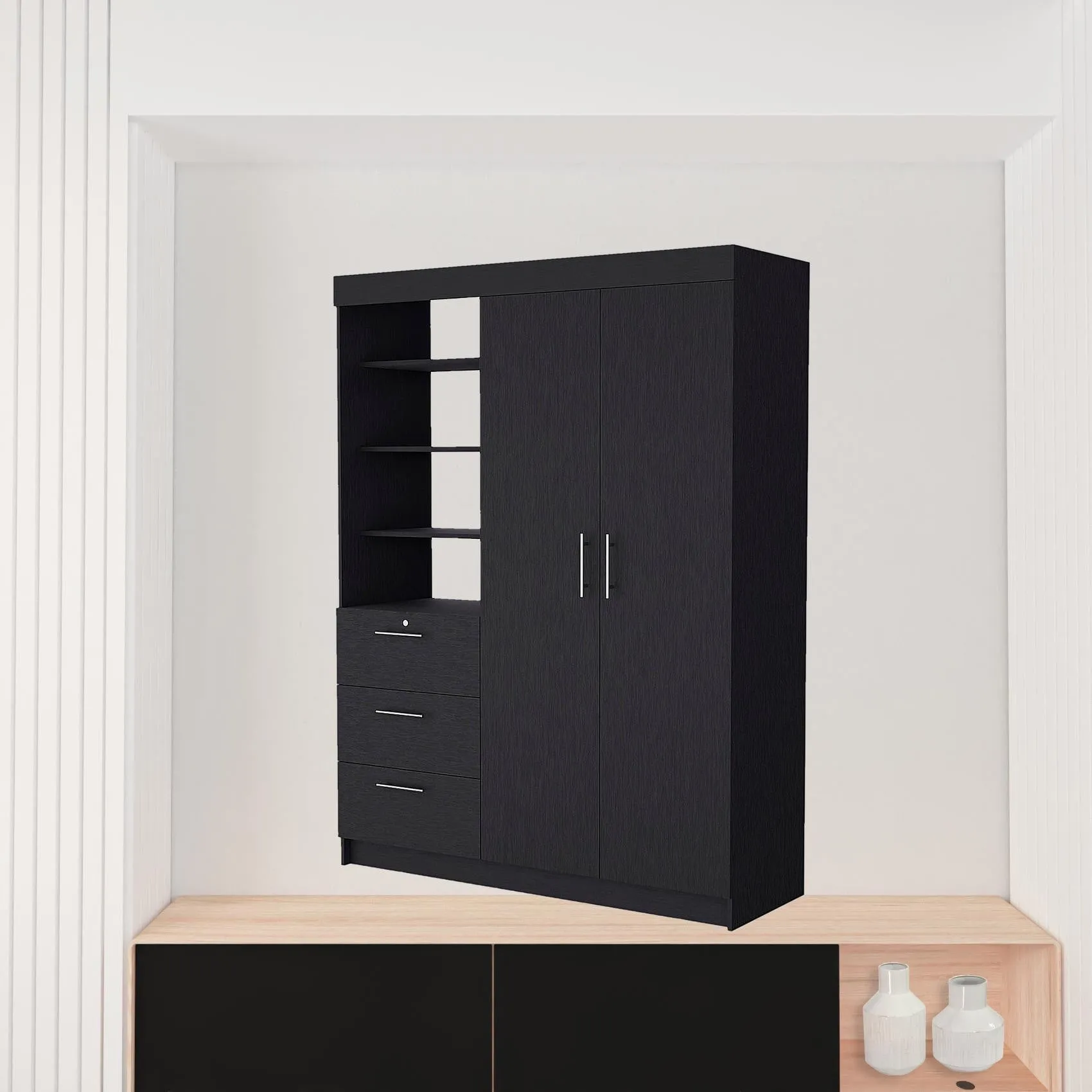 59 Black Accent Cabinet Soft Close With Three Shelves And One Drawer