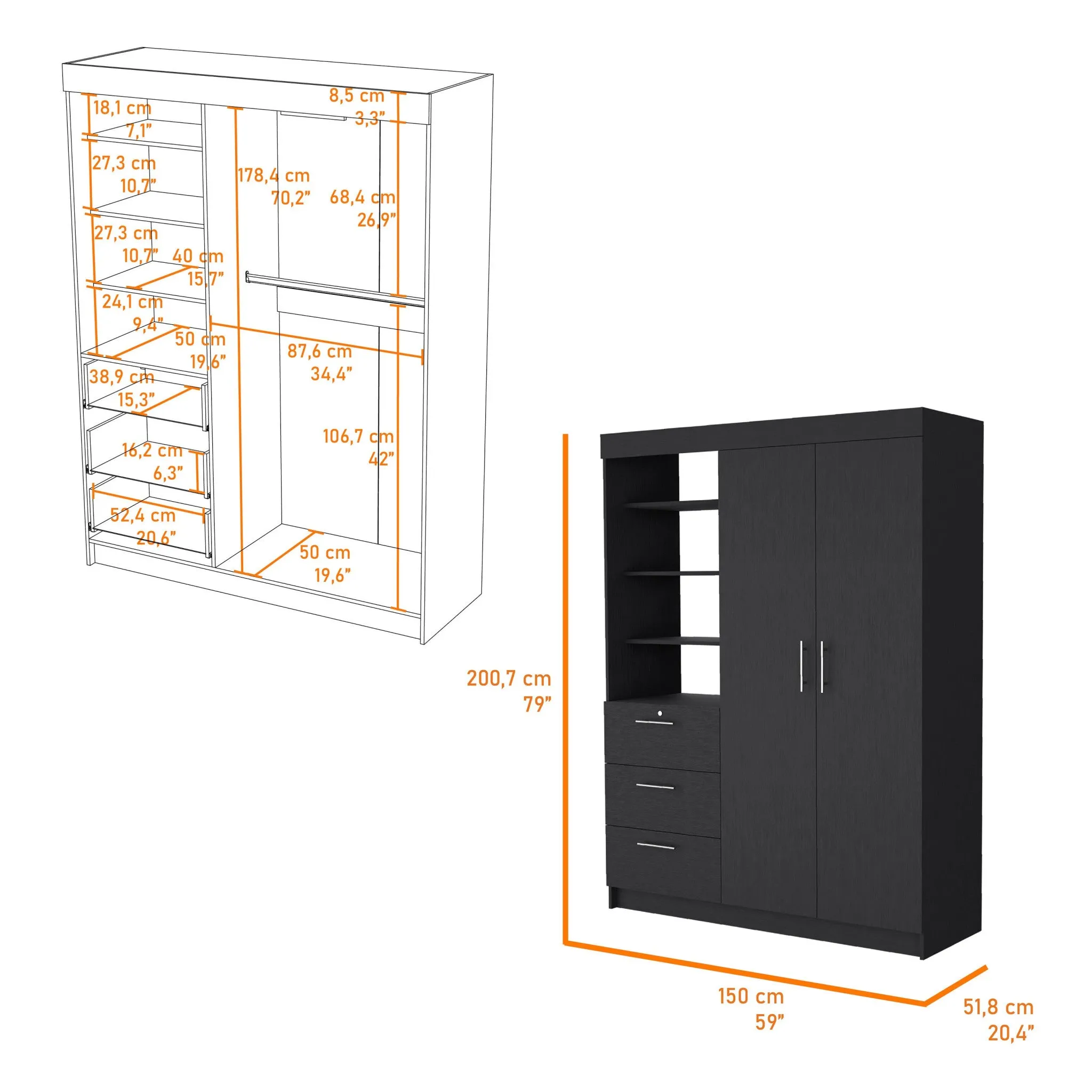 59 Black Accent Cabinet Soft Close With Three Shelves And One Drawer