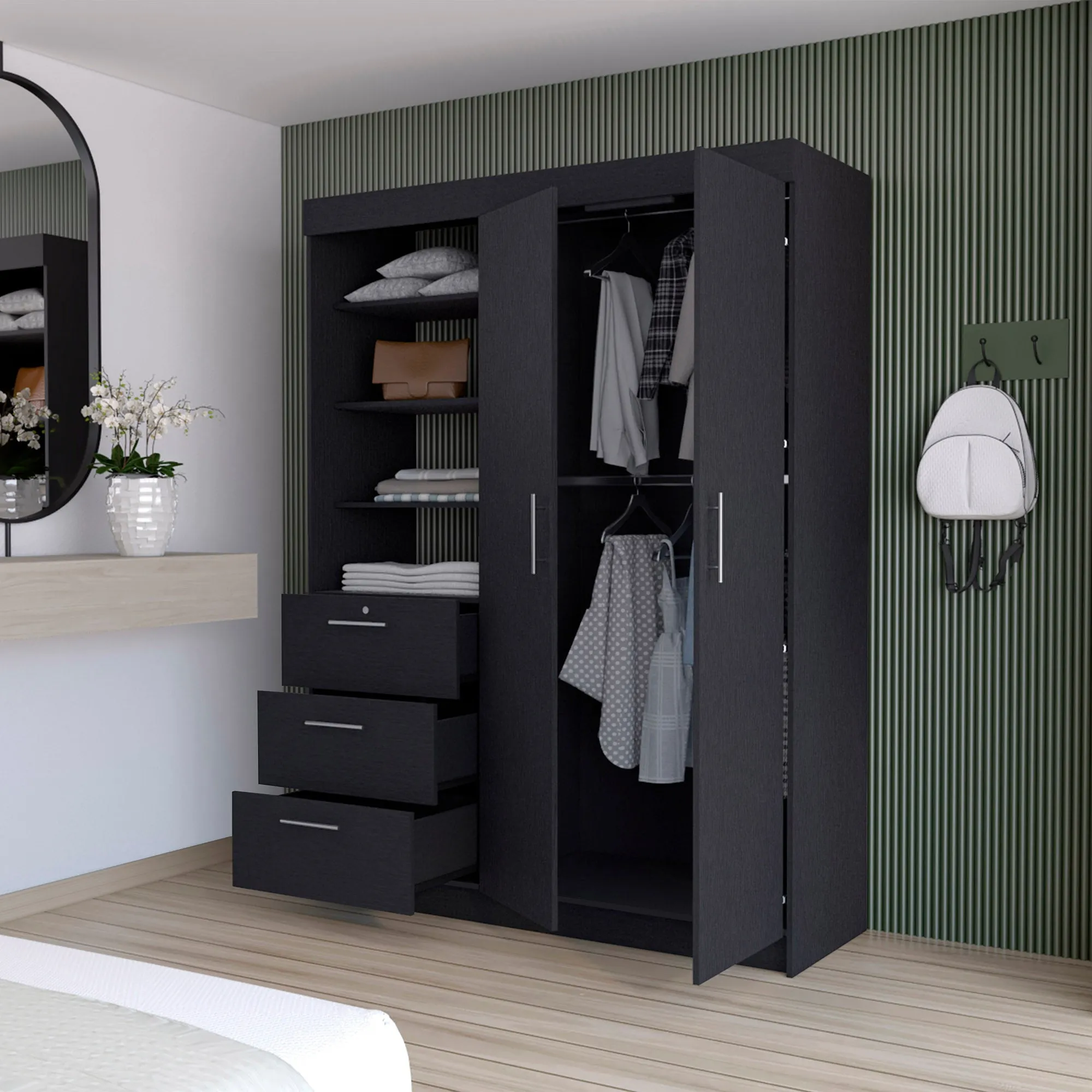 59 Black Accent Cabinet Soft Close With Three Shelves And One Drawer