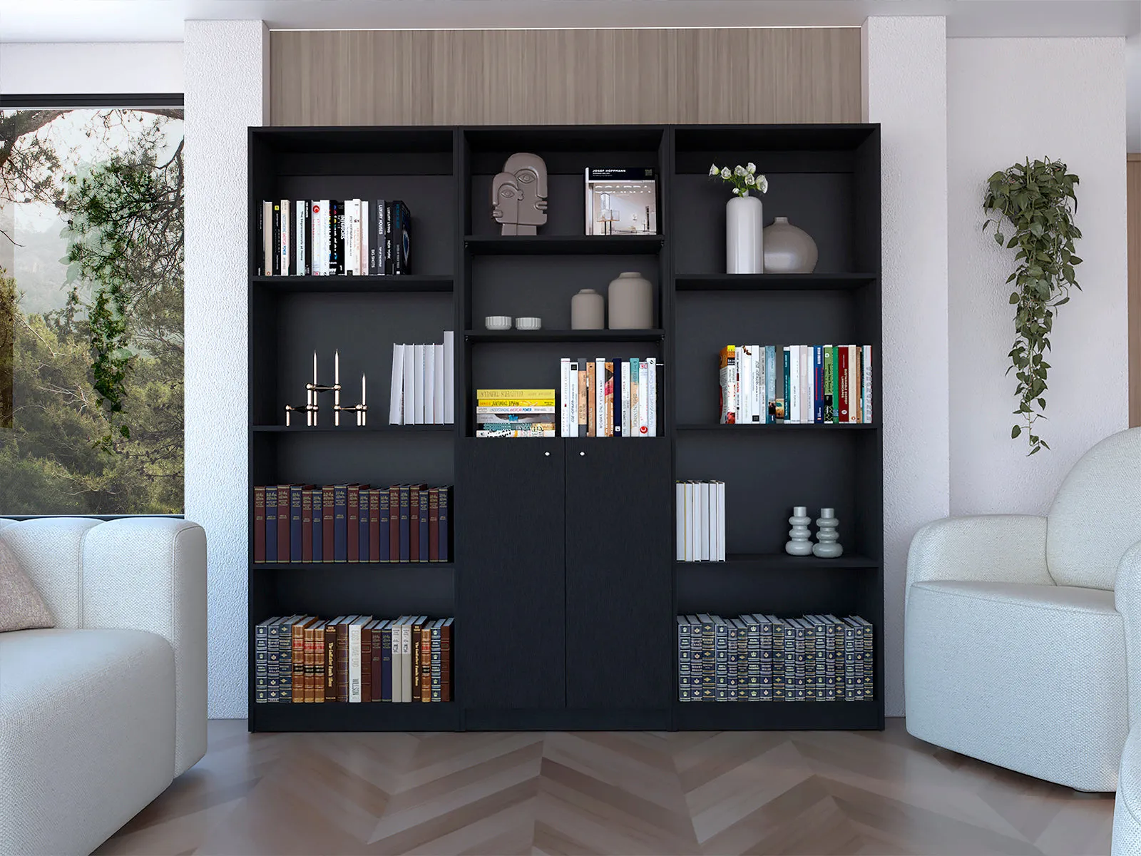 71 Black Five Tier Bookcase with Two doors