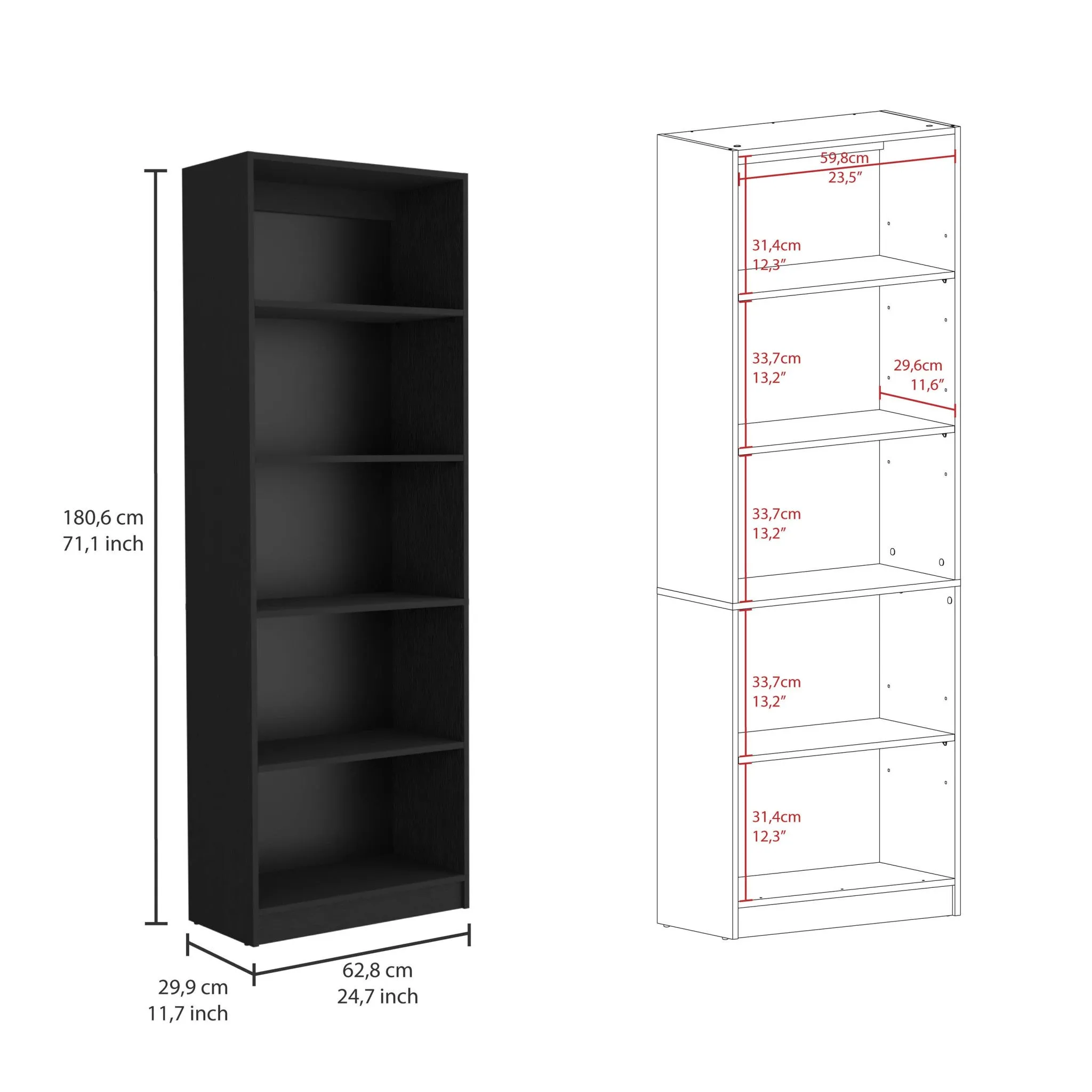 71 Black Five Tier Bookcase