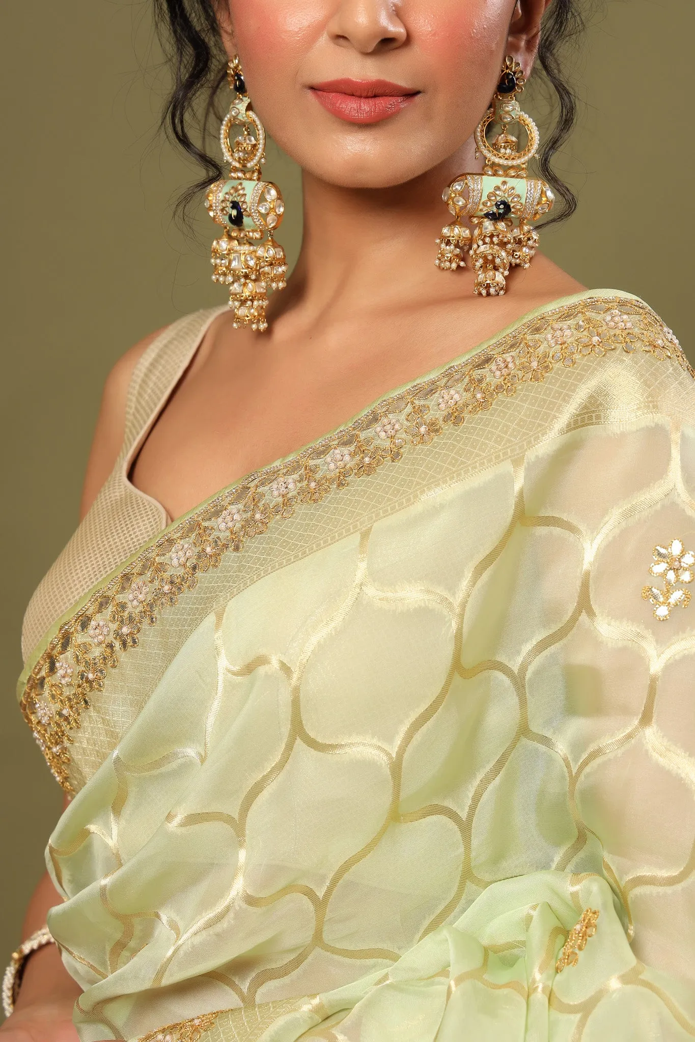 90Z543-RO Pastel Green Embroidered Organza Saree with Zari Jaal