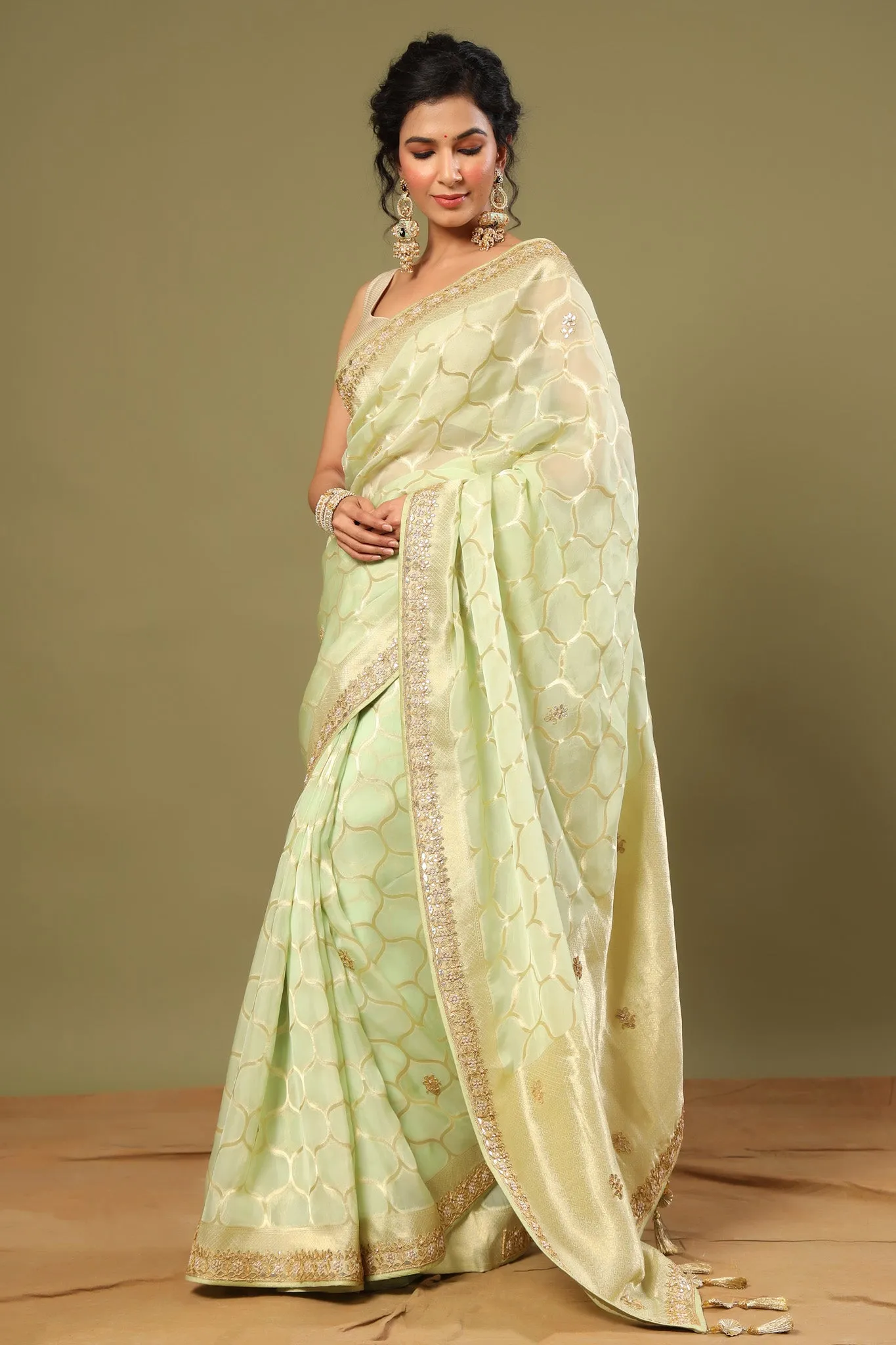 90Z543-RO Pastel Green Embroidered Organza Saree with Zari Jaal