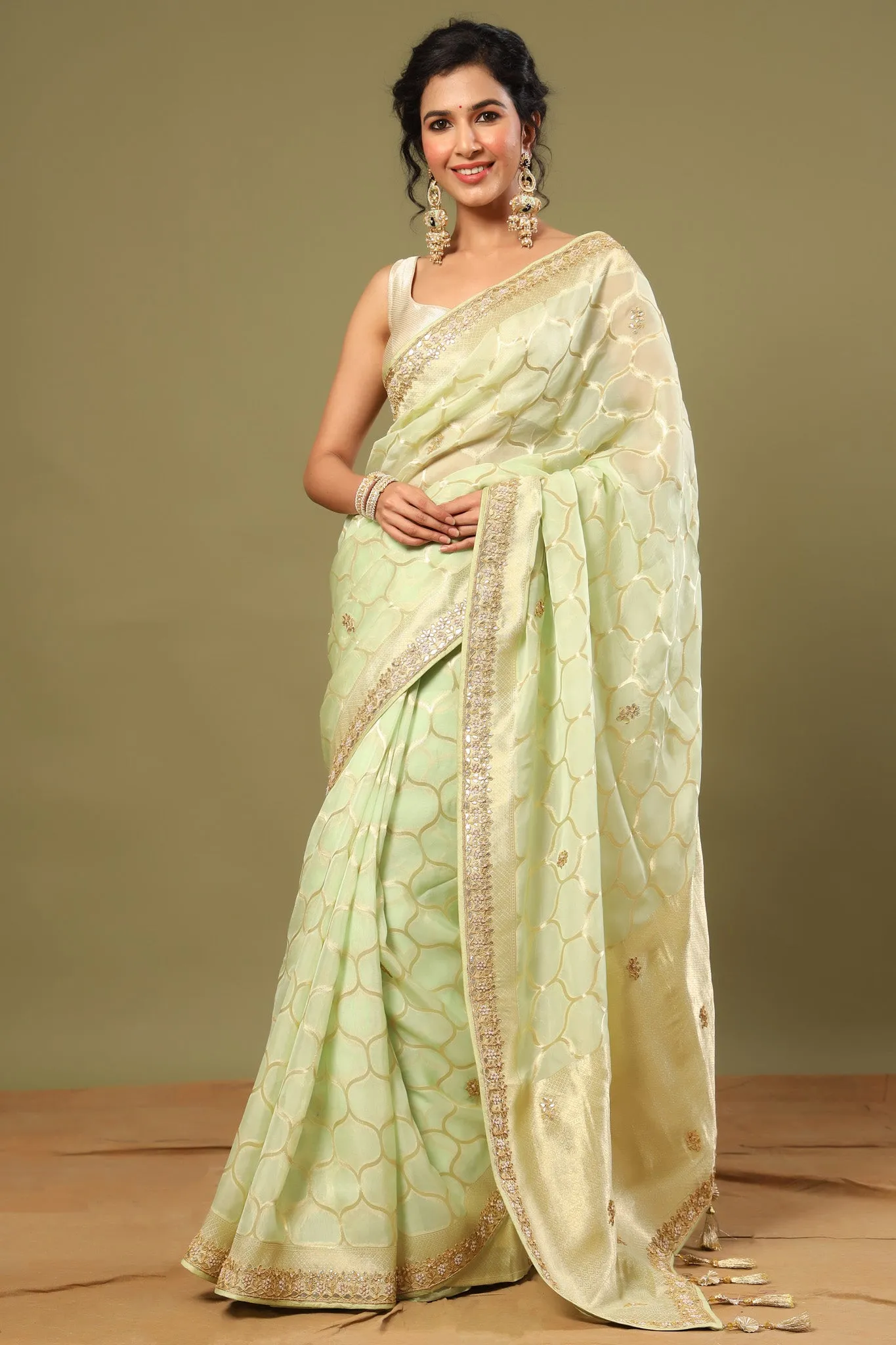 90Z543-RO Pastel Green Embroidered Organza Saree with Zari Jaal