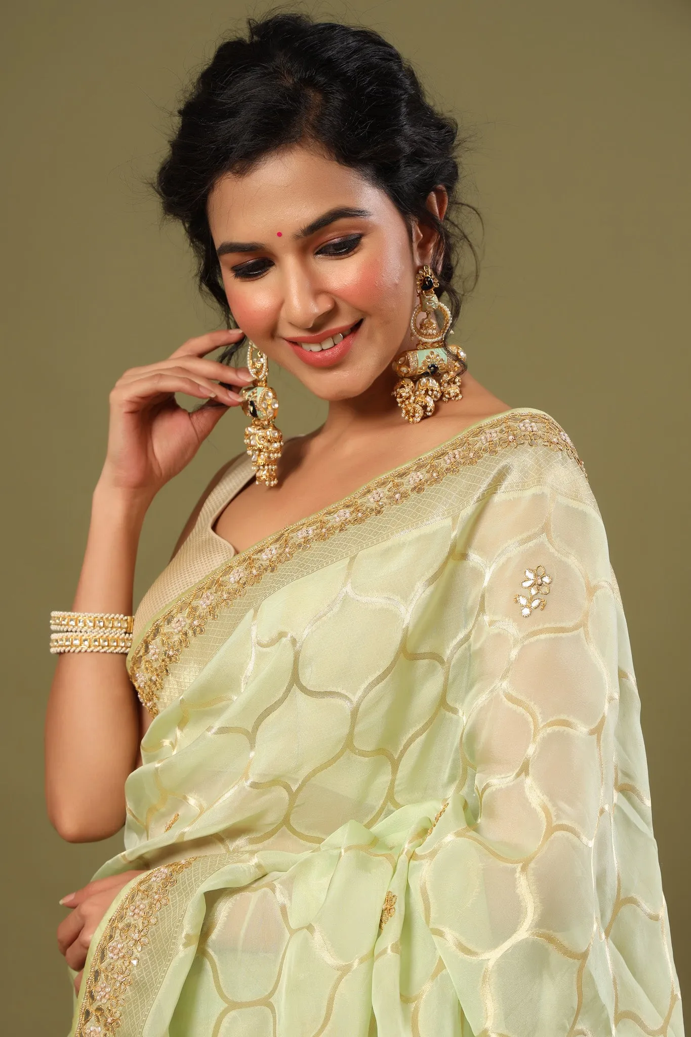 90Z543-RO Pastel Green Embroidered Organza Saree with Zari Jaal