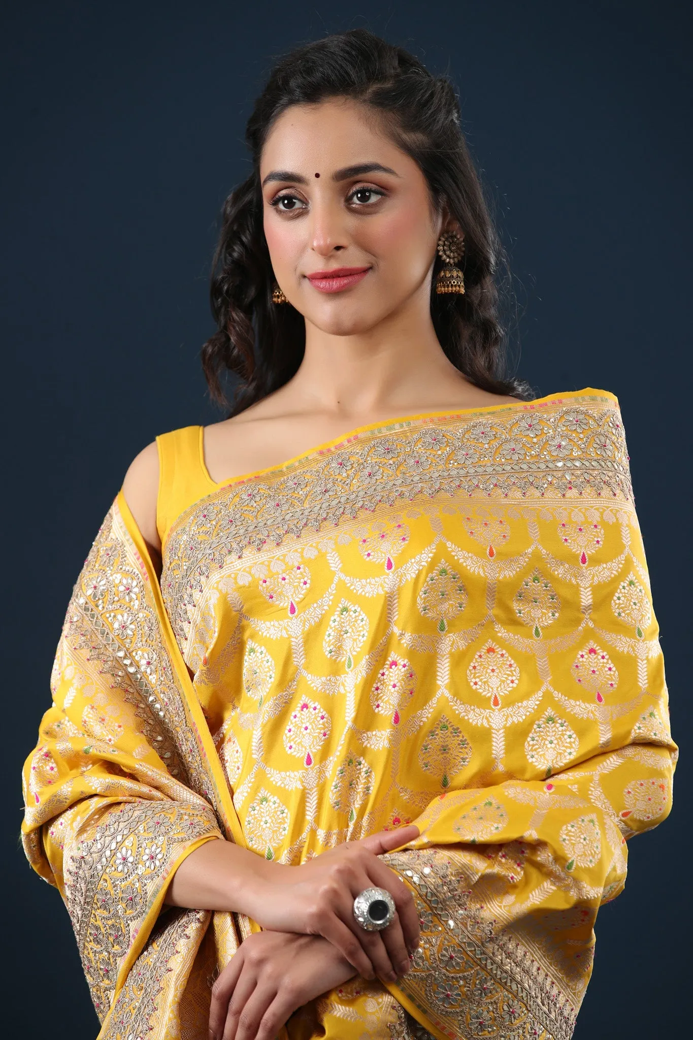 90Z629-NRO Yellow Banarasi Silk Saree with Embroidered Border