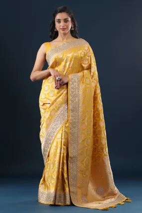 90Z629-NRO Yellow Banarasi Silk Saree with Embroidered Border