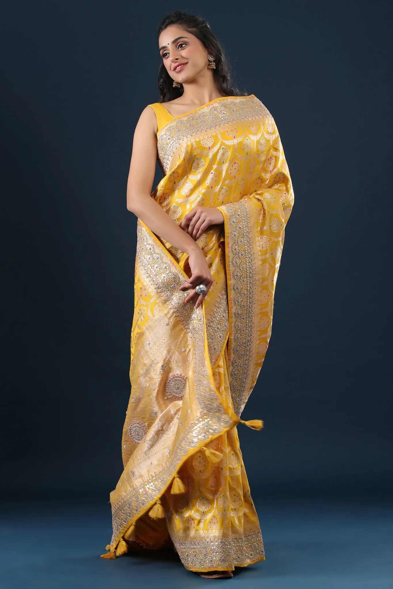 90Z629-NRO Yellow Banarasi Silk Saree with Embroidered Border