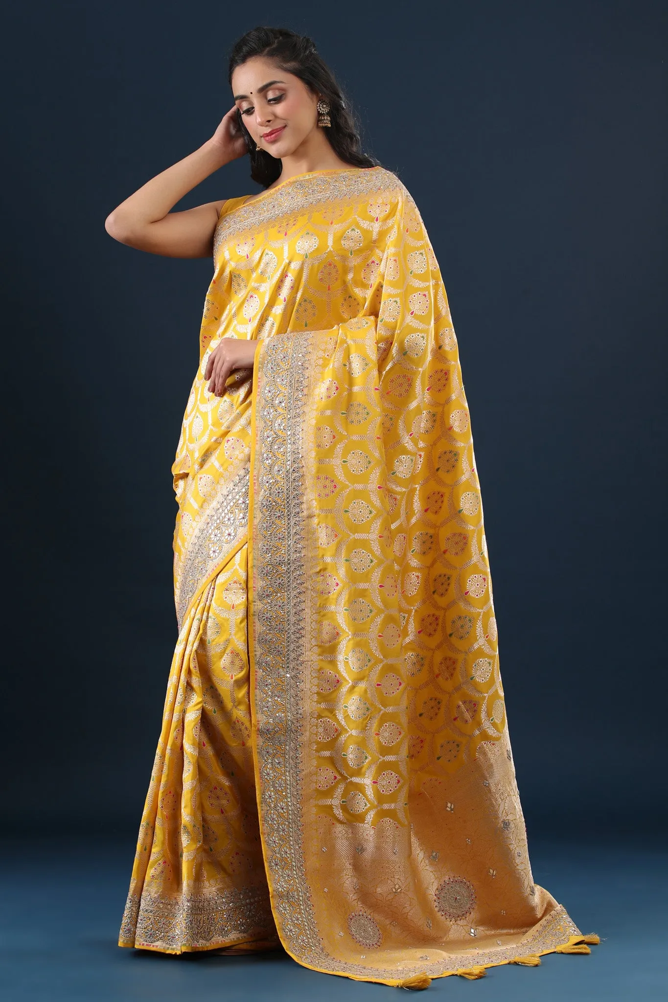 90Z629-NRO Yellow Banarasi Silk Saree with Embroidered Border