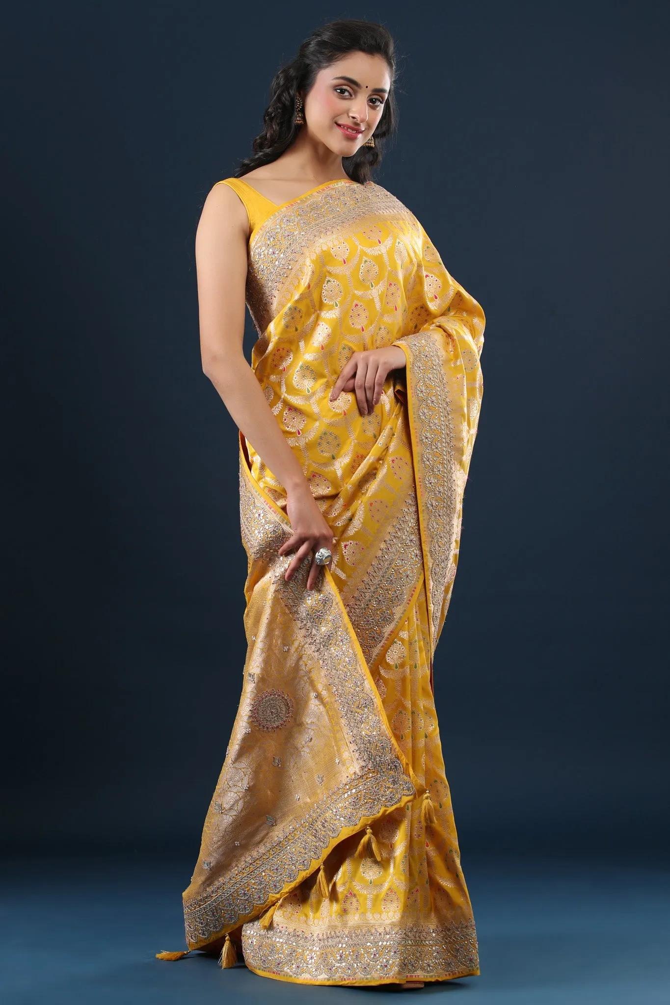 90Z629-NRO Yellow Banarasi Silk Saree with Embroidered Border