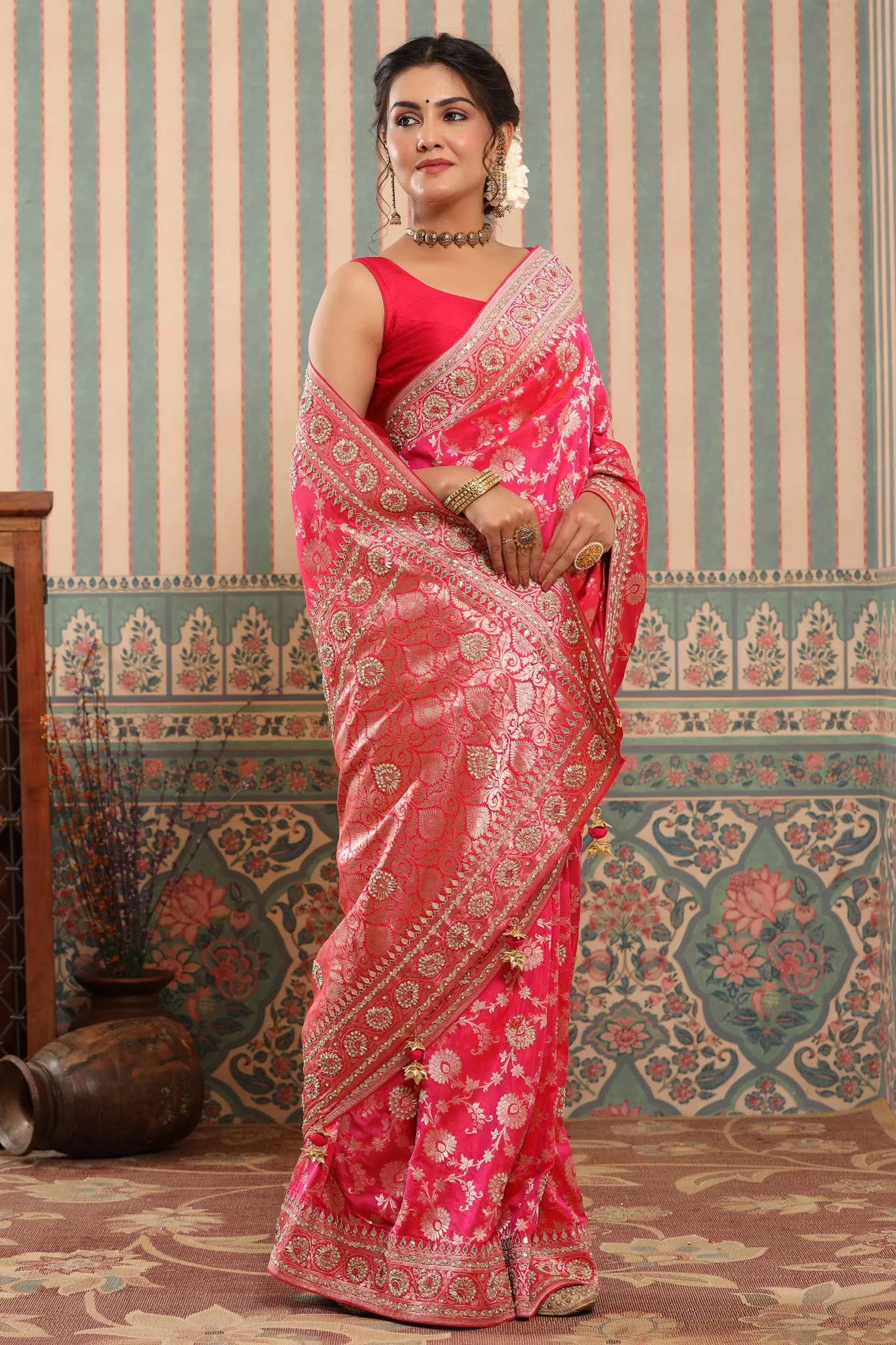 90Z644-NRO Bright Pink Banarasi Saree with Embroidered Border