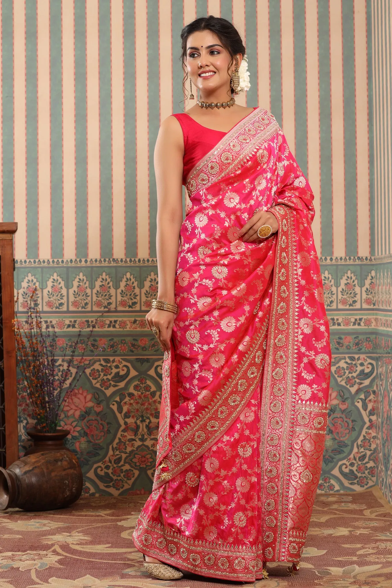 90Z644-NRO Bright Pink Banarasi Saree with Embroidered Border